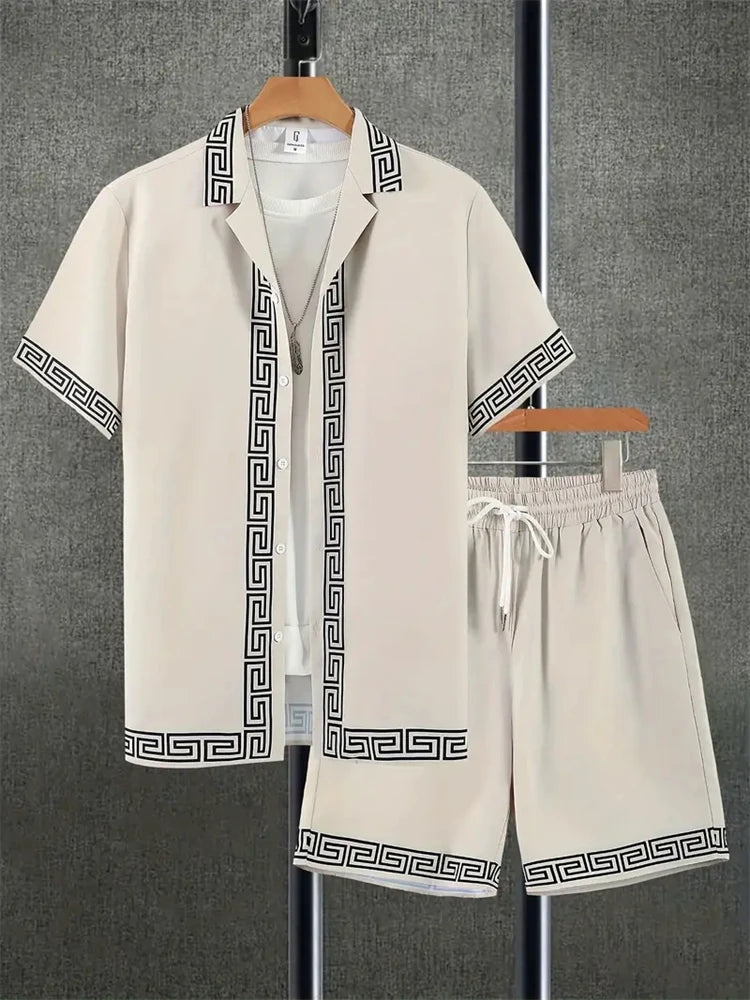 2024 New Men's Beach Wear 2-Piece Quick Drying Hawaiian Shirt and Shorts Set Summer Men's Fashion Striped Print Casual Wear