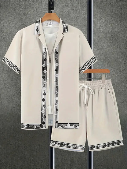 2024 New Men's Beach Wear 2-Piece Quick Drying Hawaiian Shirt and Shorts Set Summer Men's Fashion Striped Print Casual Wear