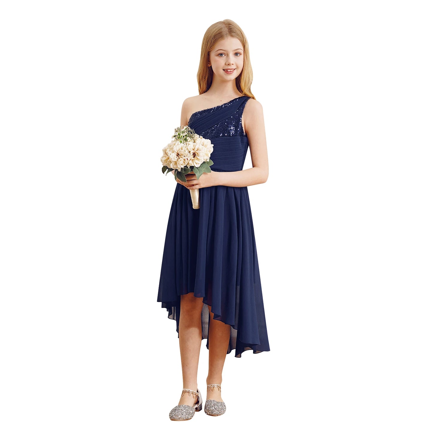 2025 Teens Girl's Dress for Wedding Party Sequin One Shoulder Princess Formal Gown for Holy Communion Chiffon Flower Girl Dress