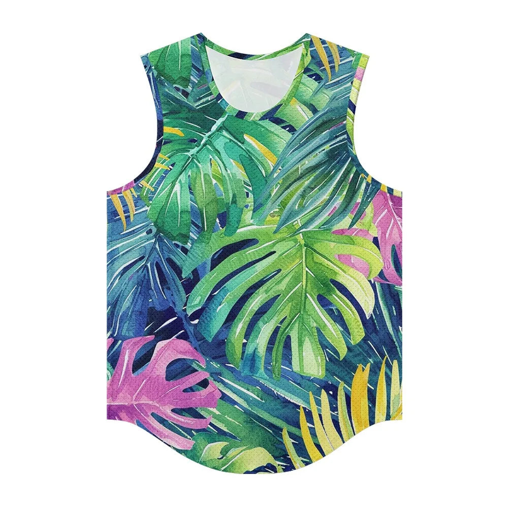 Men Vests Trendy Tropical Monstera Printed Breathable Beach Artistic Essential Tank Top Activewear Sports Oversized Clothing