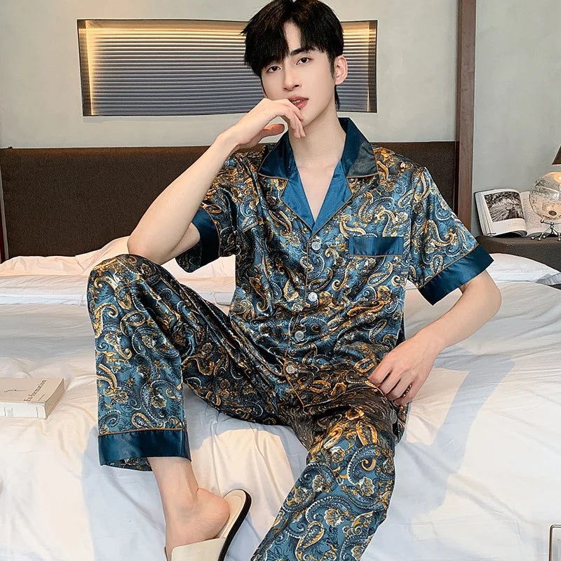Pajamas Men Spring Summer Thin Ice Silk Luxurious Loose Fitting Home Wear Suit Male Satin Pyjamas Set Night Pajamas Set Men
