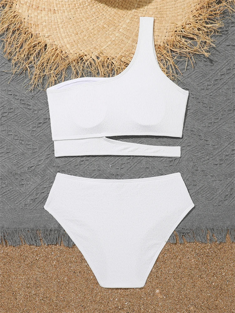 Girls' Swimsuit Bikini 2026 New Solid One Shoulder Bikinis Set Children Swimwear Summer High Waist Kids Beach Wear Bathing Suit