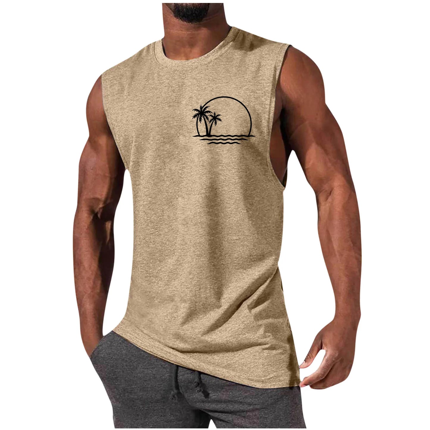 2025 Men's Hawaiian Beach Shirt Tropical Sunset Print Sleeveless Tank Top Palm Tree Vacation Swim Shirt Quick Dry Resort Wear