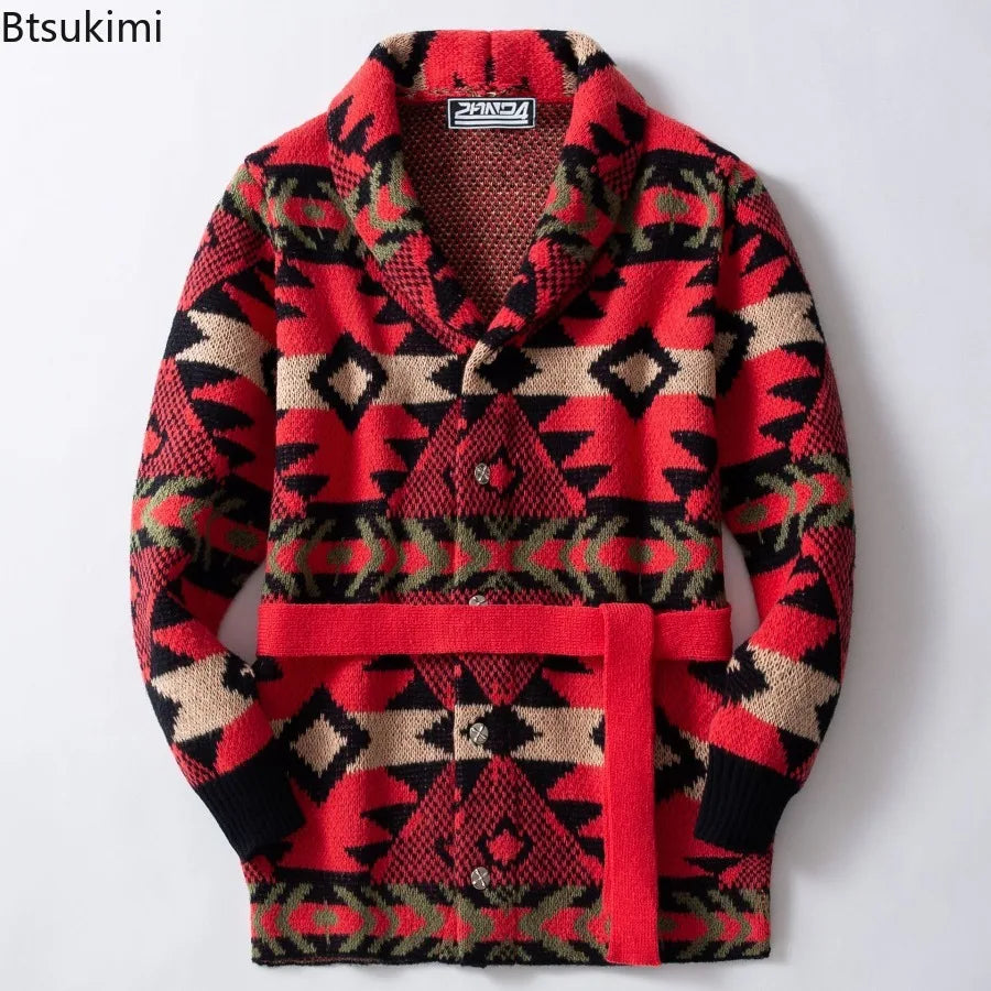 Men Sweaters Vintage Striped Thicken Knitted Buttons Lace-up Cardigan Sweaters Fashion Jacquard Mid-length Sweater Coats for Men