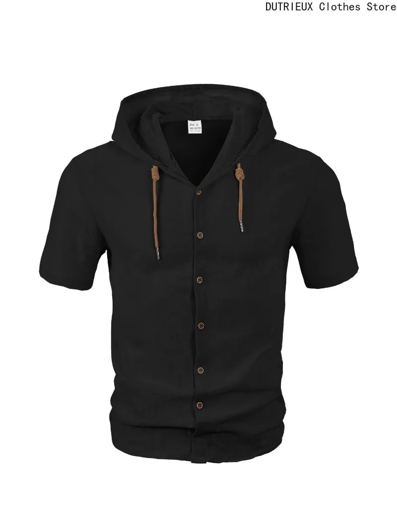 Men Summer Hooded Shirt Casual Solid Color Button Down Short Sleeve Hoodies Tops for Beach Vacation Streetwear Mens Linen Shirt.