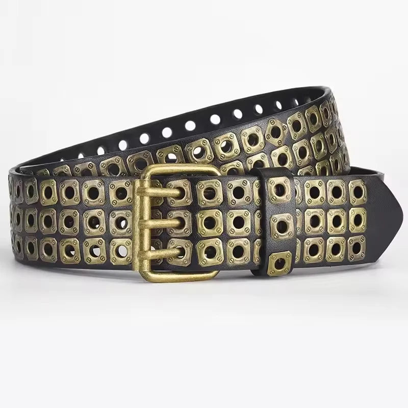 New Women Belt  Fashion Square Beads, Willow Nails, Three Exhaust Eyes, Punk Street Cool, Personalized Men's and Women's Belts