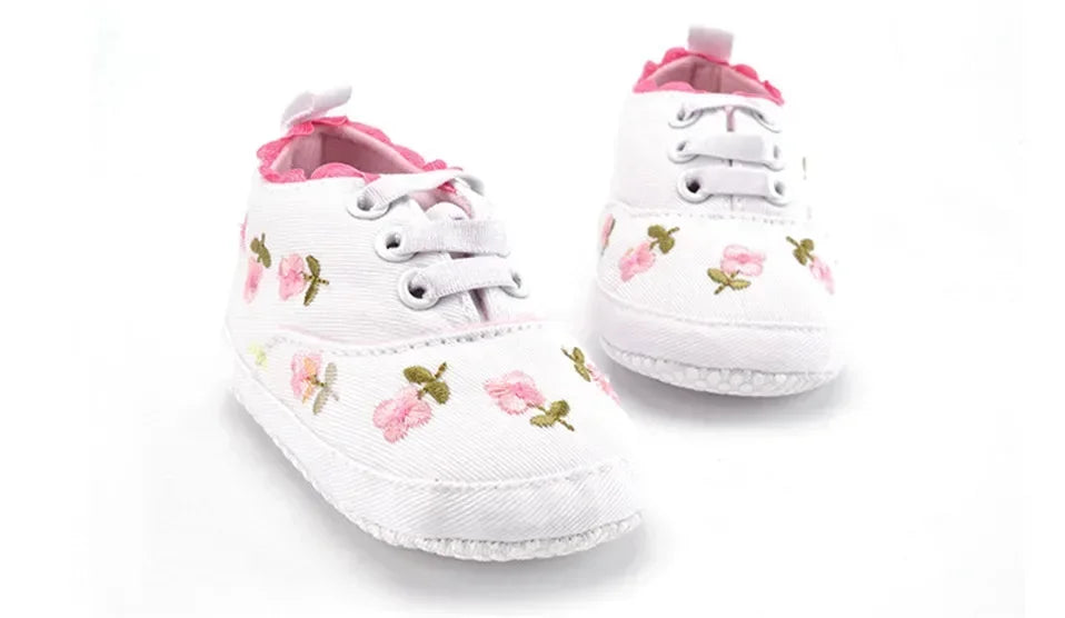 Baby Girls Shoes White Pink Floral Embroidered Soft Soles Shoes Prewalker Walking Toddler Casual Kids Shoes For Dropshipping