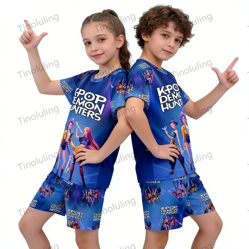 Girls Pajamas Sets Kids Toddler 3 to 8 10 11 12 Years Kpop Demon Hunters Summer Pjs Tops+Shorts Two Pieces Pijamas Sleepwear Set