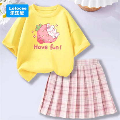 Girls' Trendy School Outfit - Cartoon Music Guitar Rabbit Print Tee + Plaid Skirt Two-Piece Set Teenage Girls Clothes Set