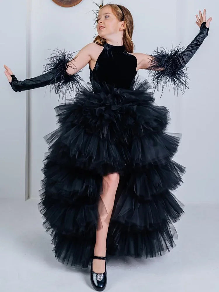 Girls Pageant Dress High Neck Halter Feather Sleeves Tiered Tulle Gown Formal Party Wedding Flower Girl Birthday Costume
