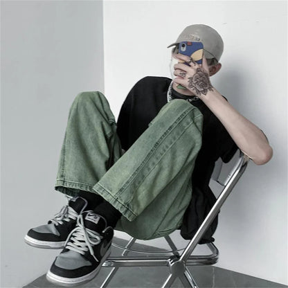 Men's Jeans 2025 Spring Autumn Korean Wide Leg Pants Fashion High Street Loose Straight Denim Trousers Male Clothing pants
