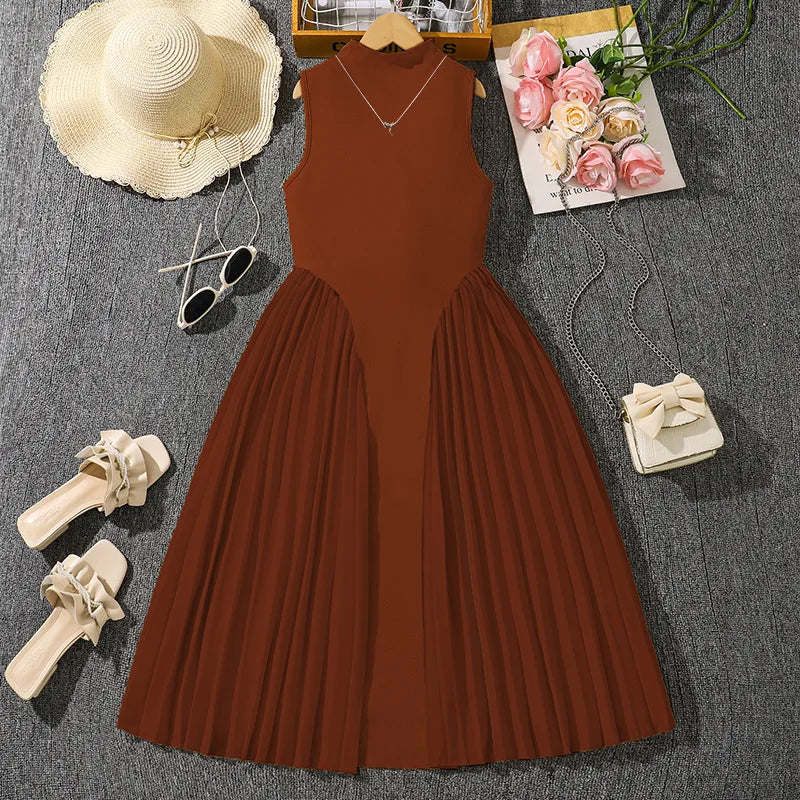 Summer New Teen Girls Dress Solid Color Patchwork Sleeveless A-Line Dress For 8-12 Years Girls Daily Casual Elegant Dance Dress
