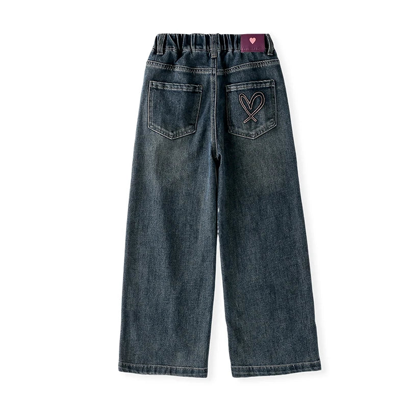 Girls jeans back pocket love  wide-leg pants 2025 spring and autumn slimming straight pants suitable for 5-15 years old pants