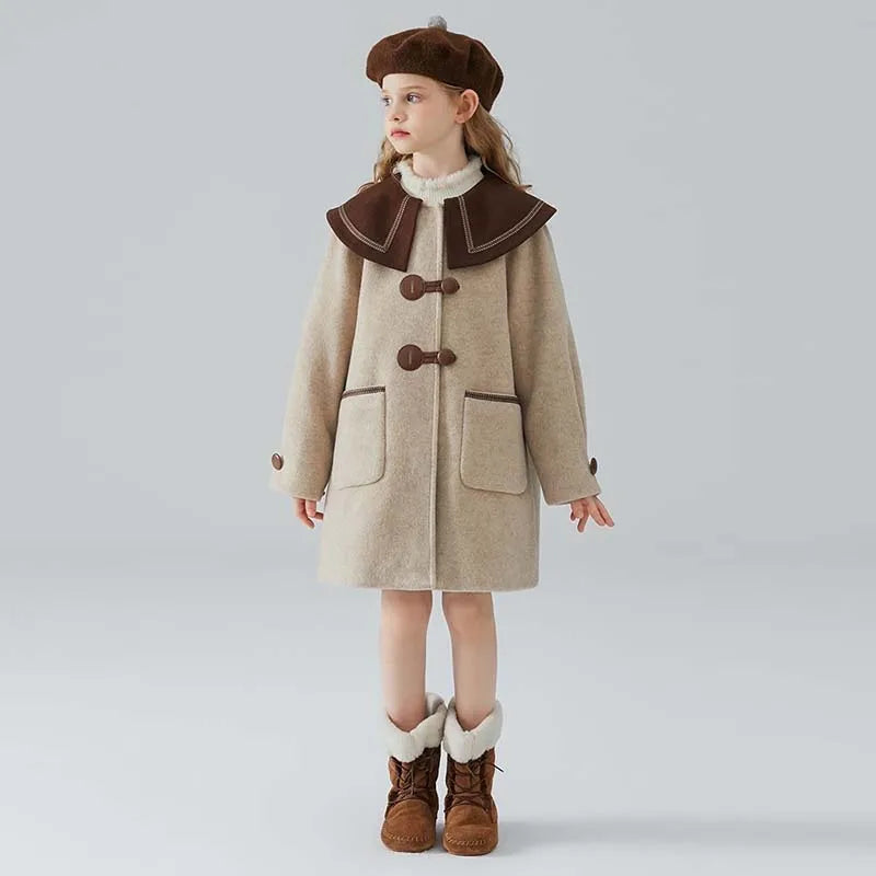 Winter Beige Thick Long Jackets Little Kid's Girls Coat Breasted Woolen Overcoat Cotton Trench Jackets Teenage Girl Coat 2-16Y