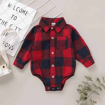 0-12 Months Newborn Baby Boys Bodysuit Plaid Long Sleeve Turn Down Collar Shirt Romper Spring&Autumn Gentleman Casual Clothes