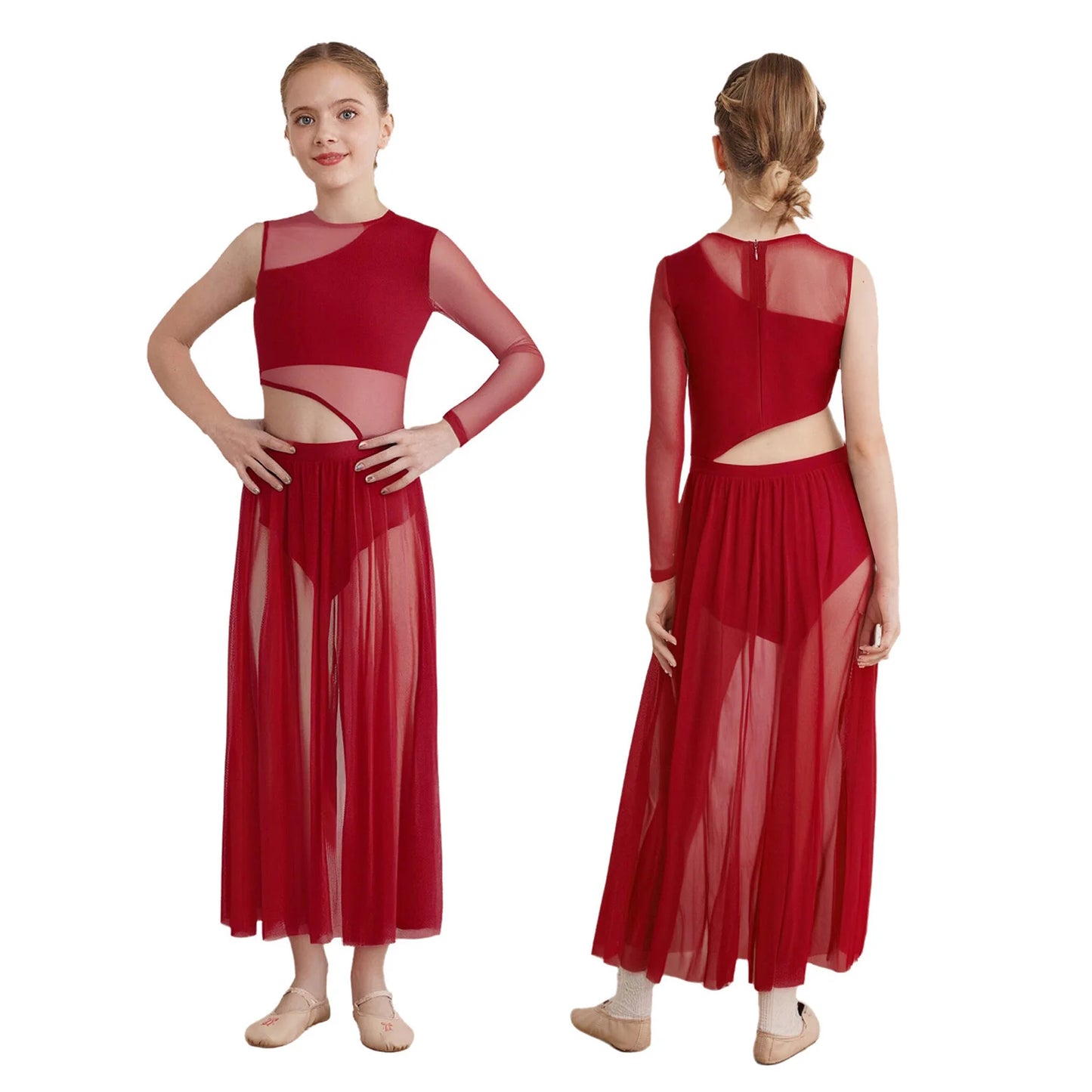Kids Girls Modern Lyrical Dance Dresses Delicate Applique Keyhole Back Side Split Irregular Hem Asymmetrical Ruched Mesh Dress
