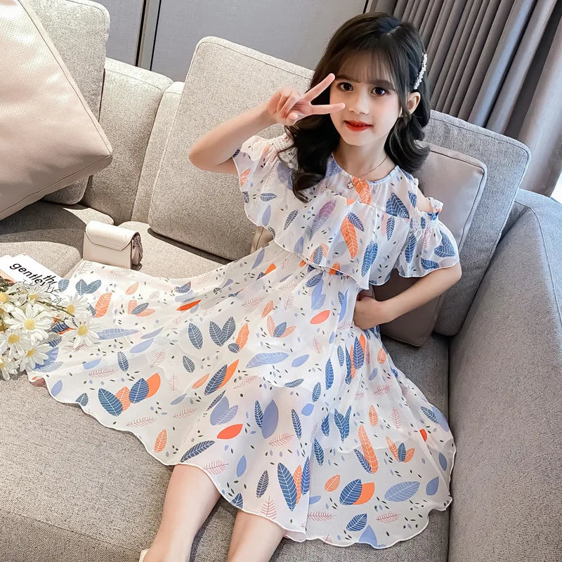 2026 teens Summer baby Girls Dress Clothes mesh leaf Bohemian Floral Off Shoulder chiffon Long Beach 3 4 5 6 7 8 9 10 12 years