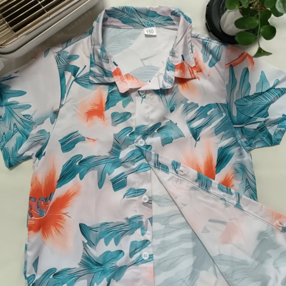 Girl Blouse Fashion Pink Flower Printed Children Top Lapel Short Sleeve Girl Clothes from 5 to 6 Years Top Shirts for Children
