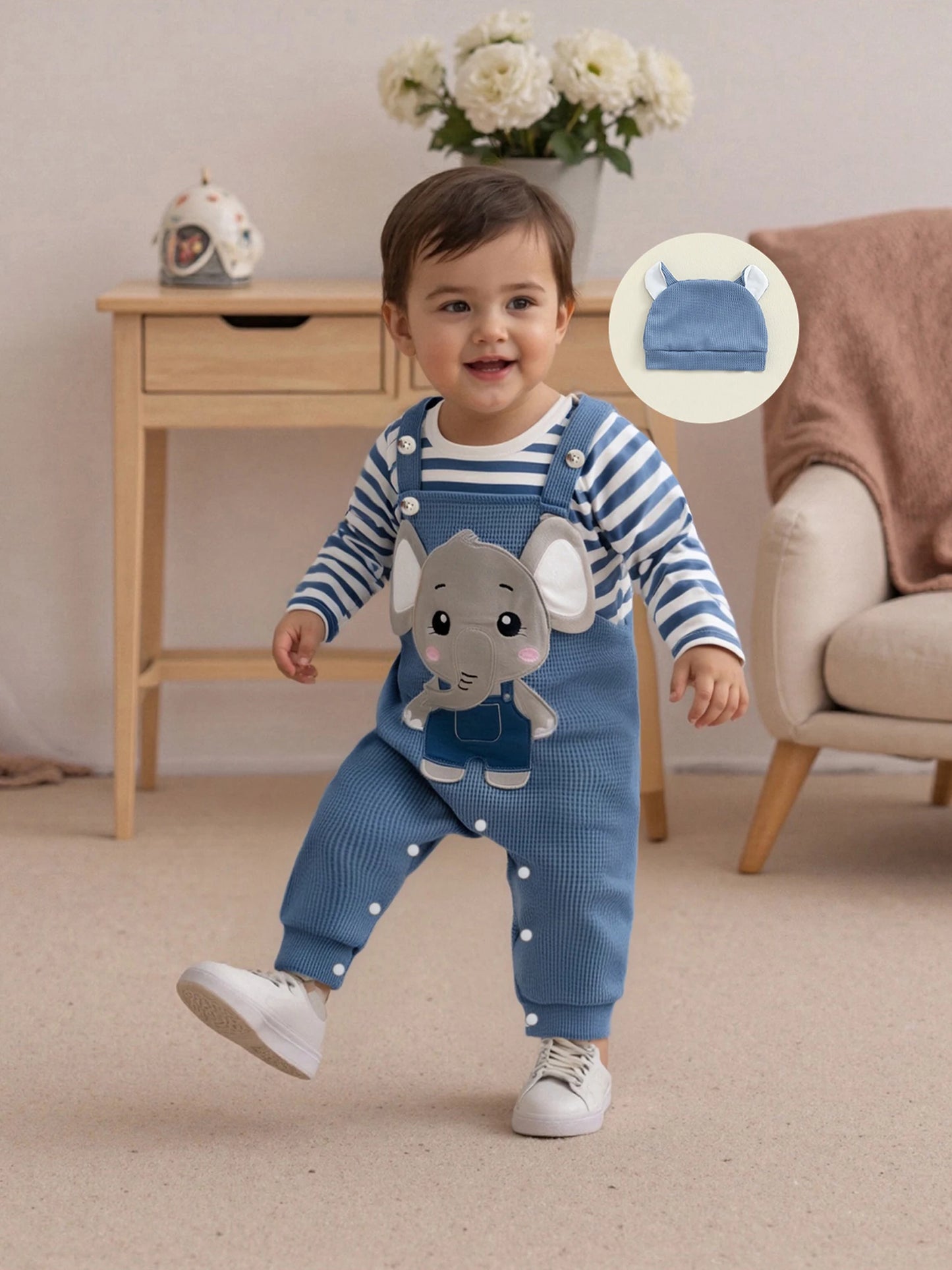 Infant Newborn Baby Boys 3Pcs Outfit Cute Baby Clothes Long Sleeve Striped Romper Animal Embroidery Overalls Hat