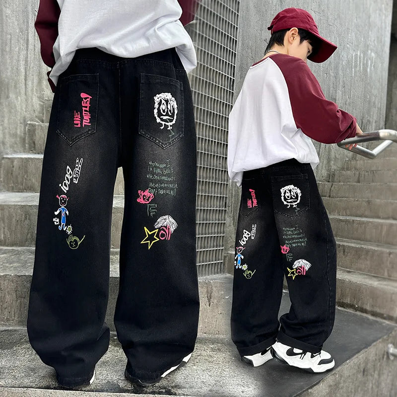 Boys Black Print Jeans Spring/Autumn Kids Wide Leg Pants Washed Denim Straight Pants Teen Children Pants 6 8 10 12 14 Years Old