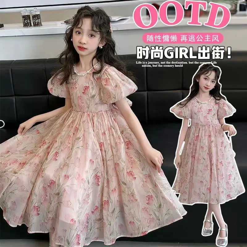 Girls Dress 2025 Summer New Little Kid Western Style Princess Fashion Dress Casual Catwalk Avant-garde Design 10 To 12 Years Old