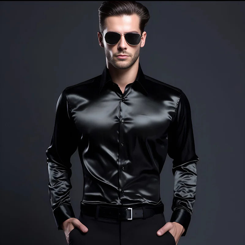 Men Satin Shirts Brand New Mens Dress Luxury Shirts Long Sleeve Casual Social Male Clothes Chemise Homme Shirt S40