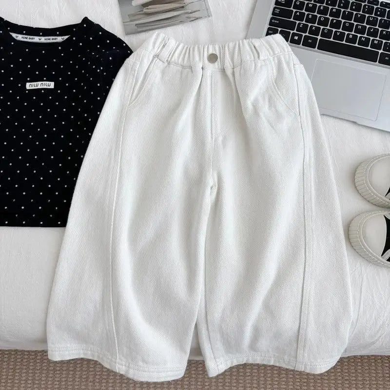Girls Wide Leg Pants Spring Autumn Fashion Children's White Jeans Comfortable Fit Kids' Trousers