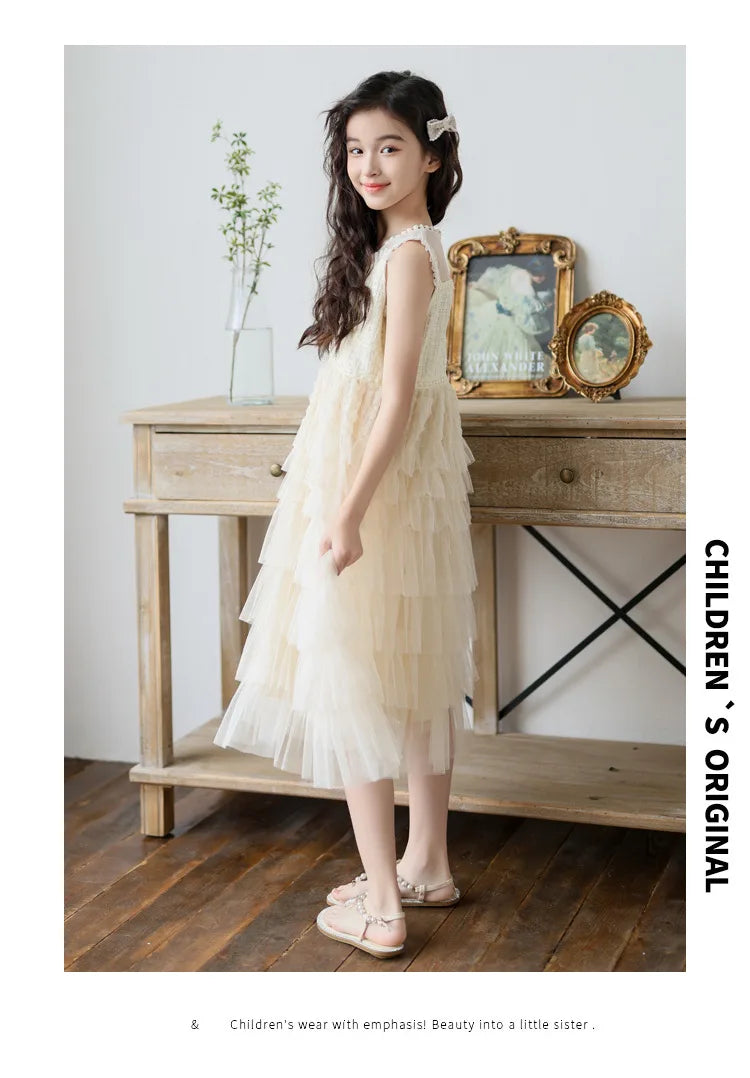 Tulle Tiered Dress for Girls 2026 New Summer Sleeveless Vest Princess Dress Daily Party Holiday Beige Teenage Children Clothes