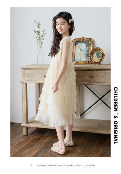Tulle Tiered Dress for Girls 2026 New Summer Sleeveless Vest Princess Dress Daily Party Holiday Beige Teenage Children Clothes