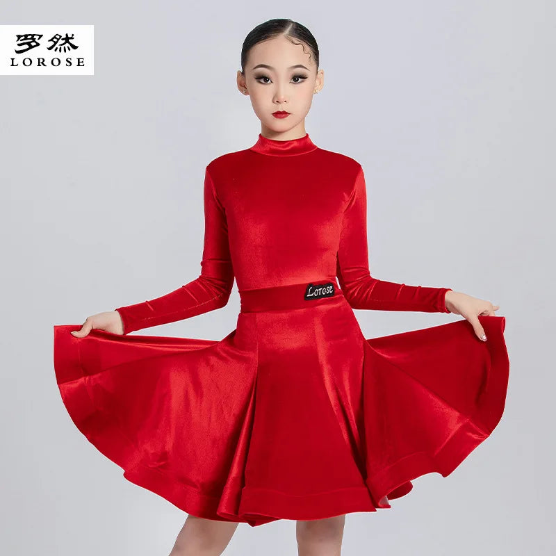 Girls' Latin Dance Dress Autumn/Winter Long Sleeve Professional Practice Dress Velvet Split Set Dance Performance Dress