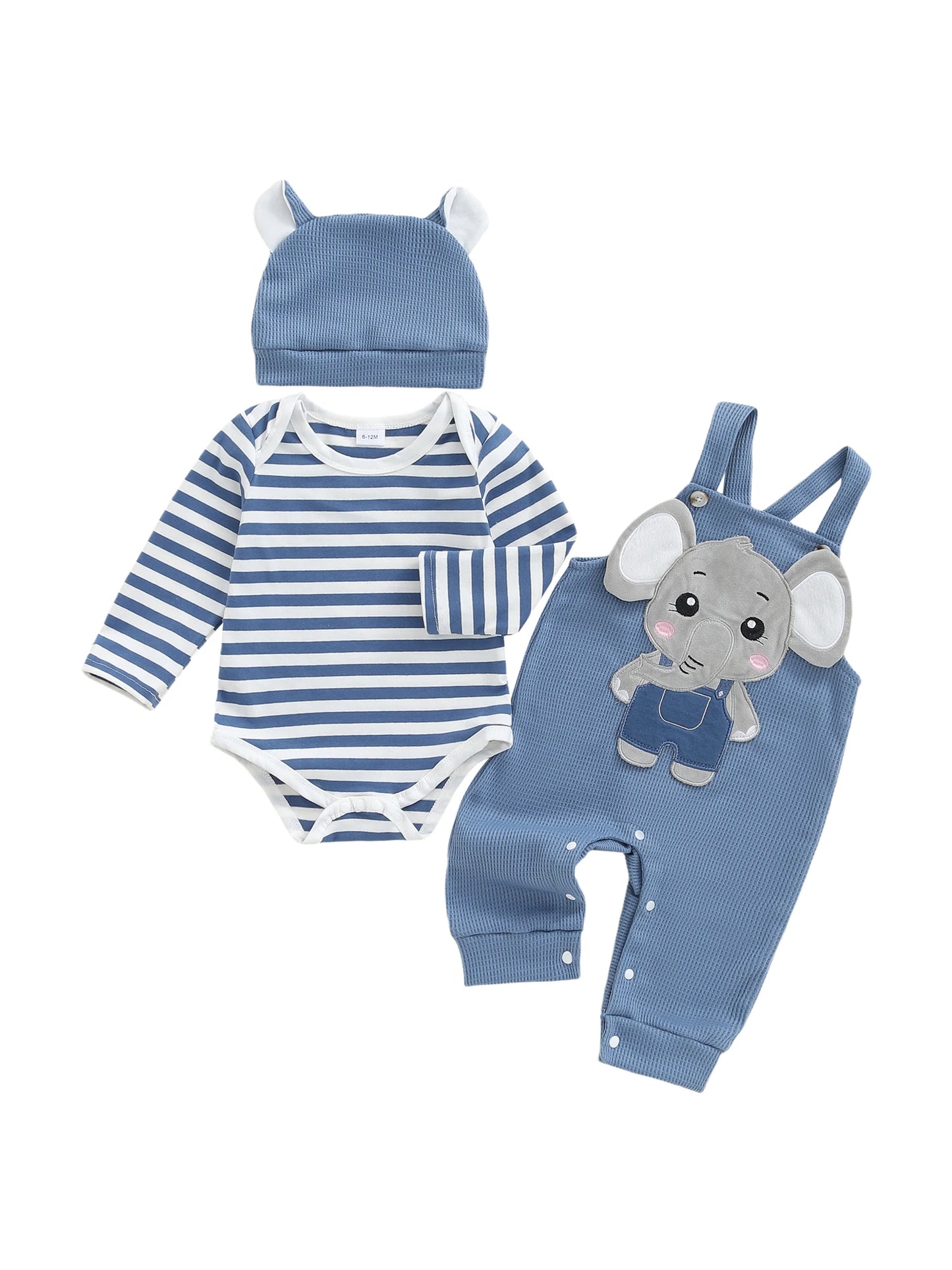 Infant Newborn Baby Boys 3Pcs Outfit Cute Baby Clothes Long Sleeve Striped Romper Animal Embroidery Overalls Hat
