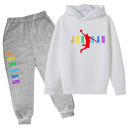 Children Sports Coat 3-13 Years Hoodie Basketball Letter Print Boys Sweatshirt Girls Toddler Top + Trousers 2P Stylish Casual Se