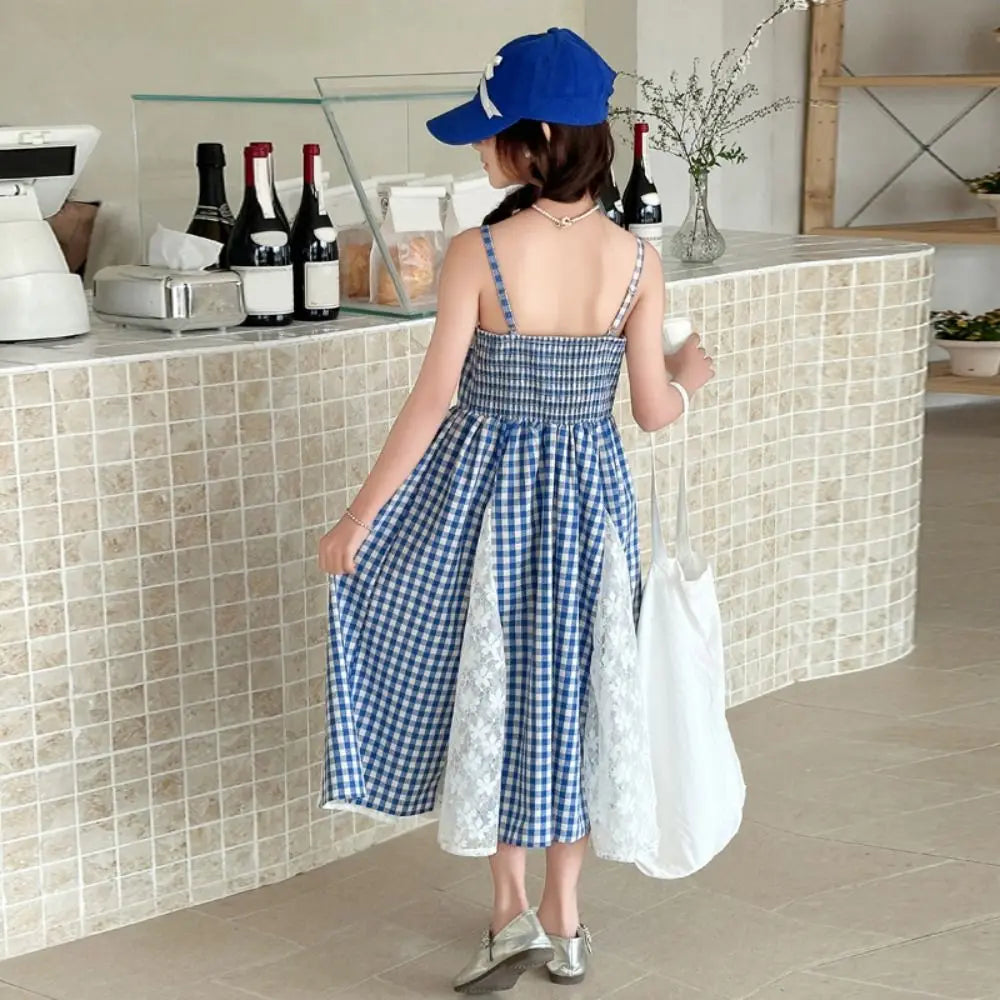 Fashion Plaid Girl Princess Dress Loose Lace Mesh Teens Sling Dress Sweet Skirt Children Sleeveless Dresses Summer