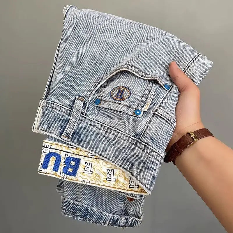 Light Blue Embroidered Jeans Men's Summer Slim Fit Nine-Piece Washed Vintage High-End Casual Pants Breathable Straight Leg Jeans
