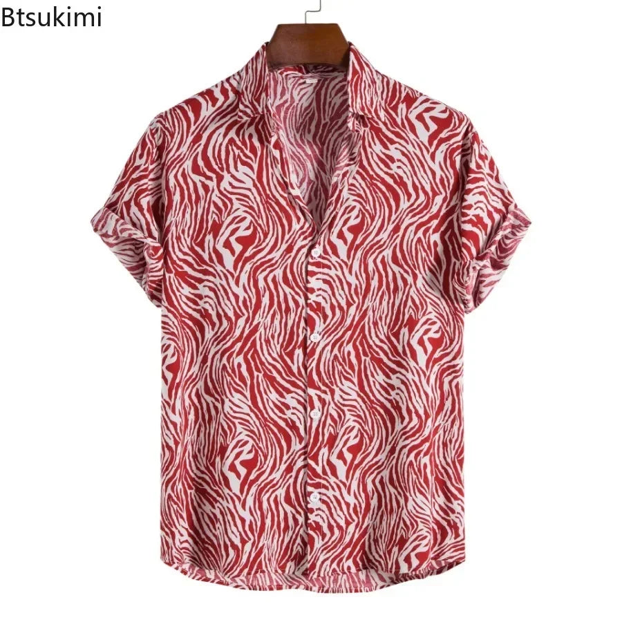 2026 New Hawaiian Beach Wear Men's Zebra-stripe Short Sleeve Shirts Fashion Laple Button Up Casual Blouse Summer Streetwear Male