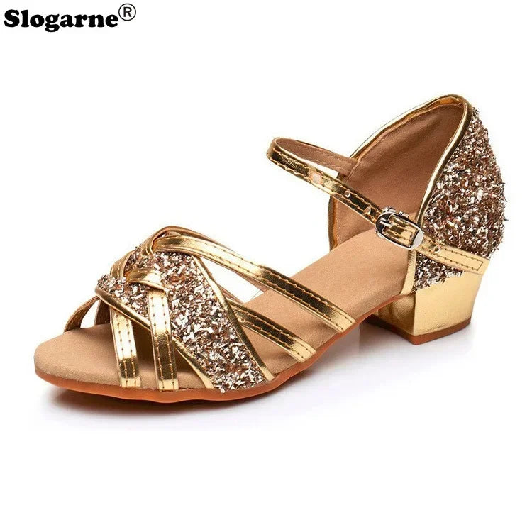 Brand New Children Dance Shoes Girls Ballroom Latin Shoes Ladies Modern Tango Salsa Sandals 3CM Low Heels Stage Dancing Footwear