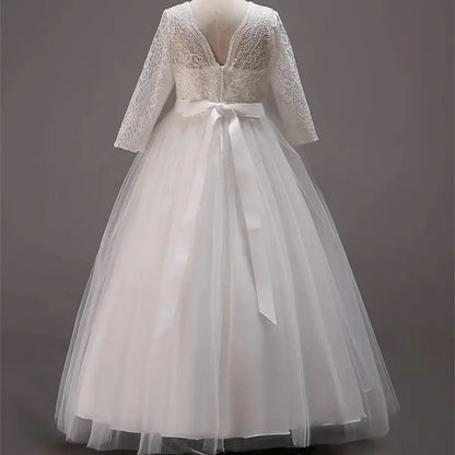 Elegant Dress For Teenage Girl Lace White Long Sleeve Wedding Princess Dresses For Children Prom First Communion Long Puffy Gown