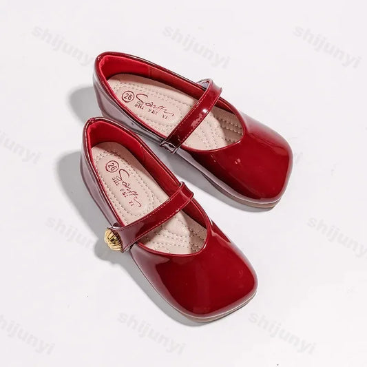 2025 Girl's Leather Shoes Square Toe Elegant Shallow Kids Mary Janes Flat Sole Comfy Children Single Shoes Girls Princess Shoes