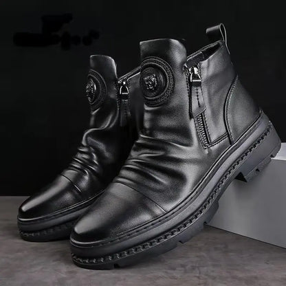 Men's Boots Fashion Motorcycle Boot Luxury Leather Ankle Boots Plush Warm Winter Boots for Men Casual Platform Boot Botas Hombre