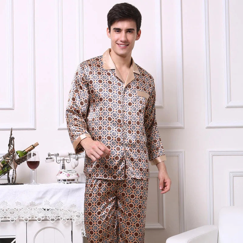 Spring Autumn New Male 2PCS Pajamas Set Sleepwear Print Long Sleeve Trouser Pijamas Suit Loungewear Loose Silk Satin Home Wear