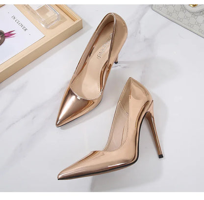 High Heels for Women ELEGANT Sweet Fashion British Style Slip-On 12CM Thin Heels Pointed Toe Office Career Women Shoes Gold 46