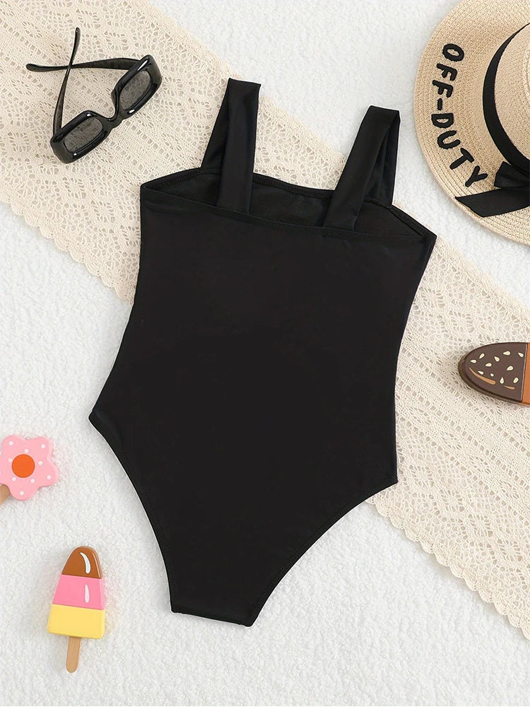 New Girls' Swimwear Girls' One-Piece Swimsuit with Hollow Design Wide Straps Suitable for Older Youngsters on The Beach 8-12Year