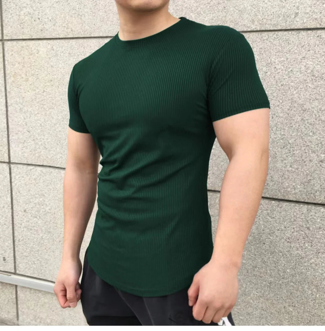 Men's Muscle Shirts Short Sleeve Casual Slim Fit Workout Tshirts Striped Curved Hem Light Weight Elastic