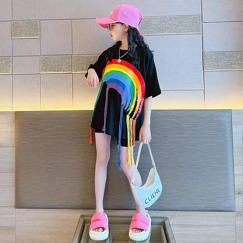 2025 New Girls' Summer T-shirt Fashion Hip Hop Street Dance Style Rainbow Braid Girls Wear Mid length Style in Summer