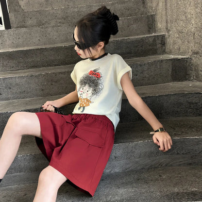 Teen Girls Summer Clothing Set Cartoon T Shirt Cargo Shorts 2PCS Suit Kids Child Fashion Streetwear Outfits 5 6 8 10 12 13 14 Y