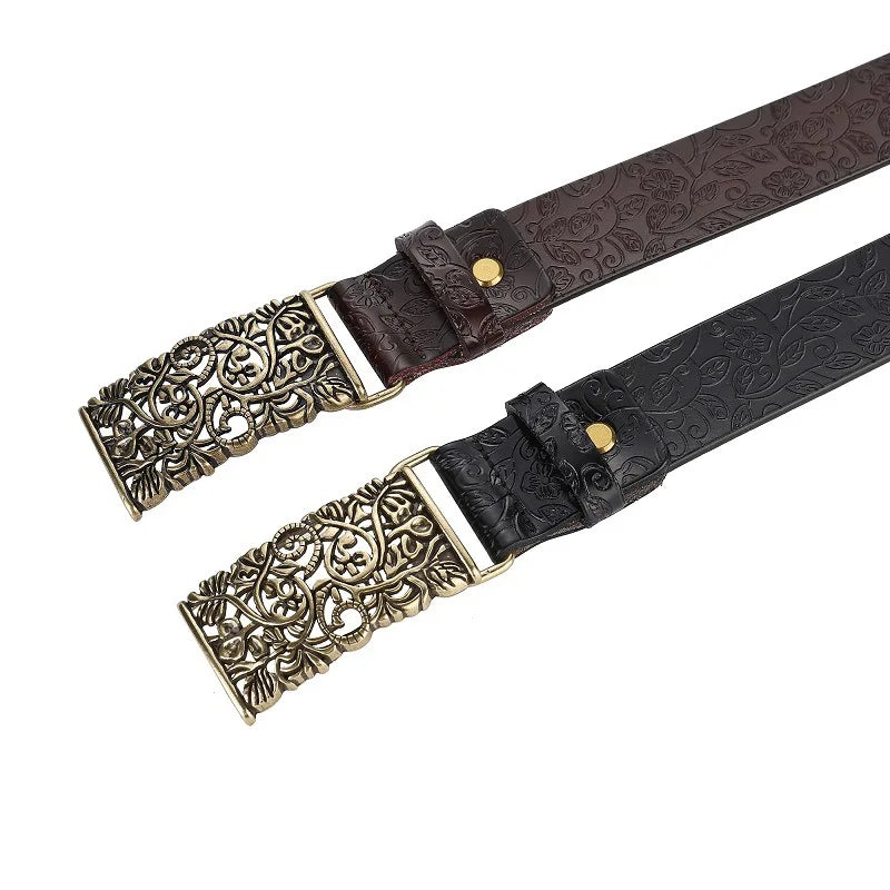 Vintage Flora Women Belts Cowhide Leather Belt Waistband with Sculpture Alloy Buckle for Dresses Skirts and Jeans