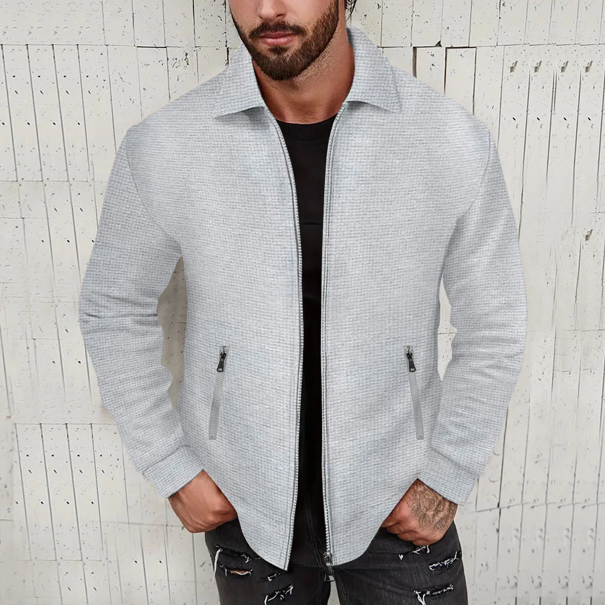 Teen Boys New Textured Waffle Zip Up Jacket Men's Casual Long Sleeve Coat With Zipper Pockets