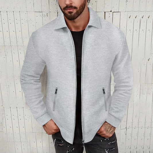 Teen Boys New Textured Waffle Zip Up Jacket Men's Casual Long Sleeve Coat With Zipper Pockets