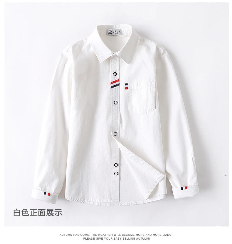 Children Shirts Cotton 100% Solid Color Full-sleeved Kids Boy's Shirts Clothing For 4-12 Years Wear in school