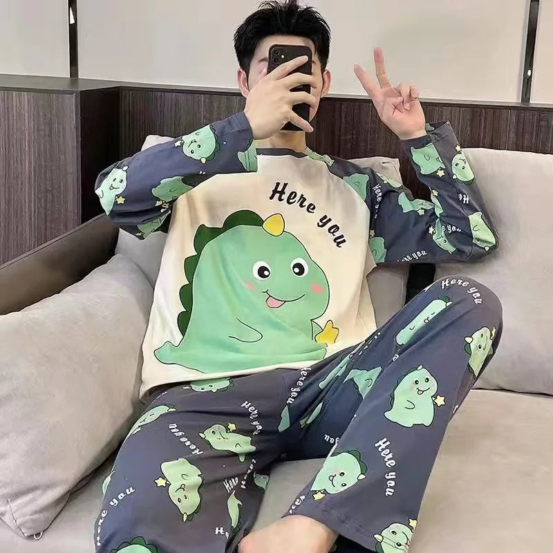 Men Pajamas Set of Autumn and Winter Tops and Pants Youth Nightwear Homewear Two-Piece Student Striped Sleepwear Loungewear
